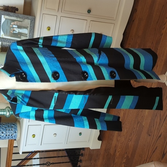 Trench Coat Vesti Striped Blue/ Black/Green Button Front Striped Rainwear Sz 6 - Picture 5 of 10